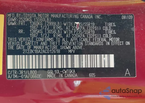 2010 Lexus Rx 350 from USA, damaged, VIN 2T2ZK1BA2AC012618